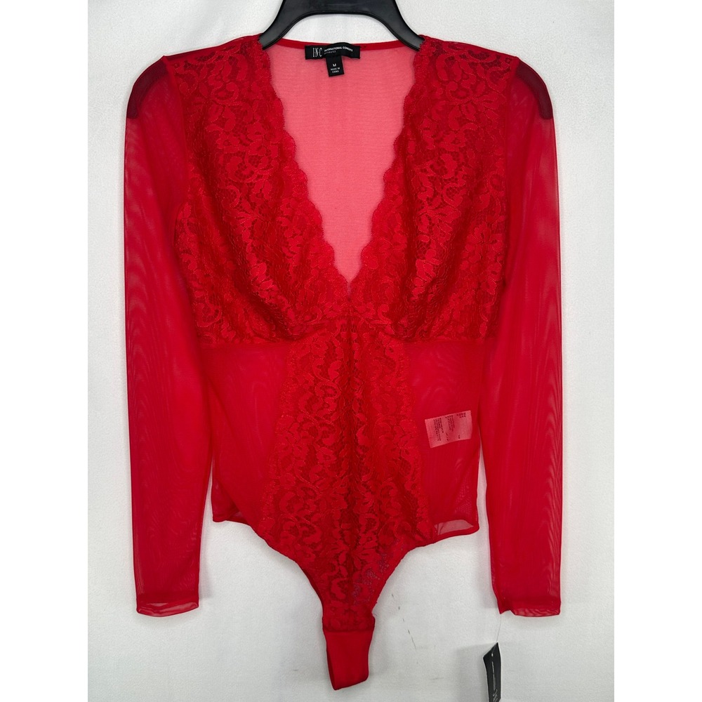 INC International Concepts Red Lace Mesh Long Sleeve Thong Bodysuit  Y2K SzM NEW